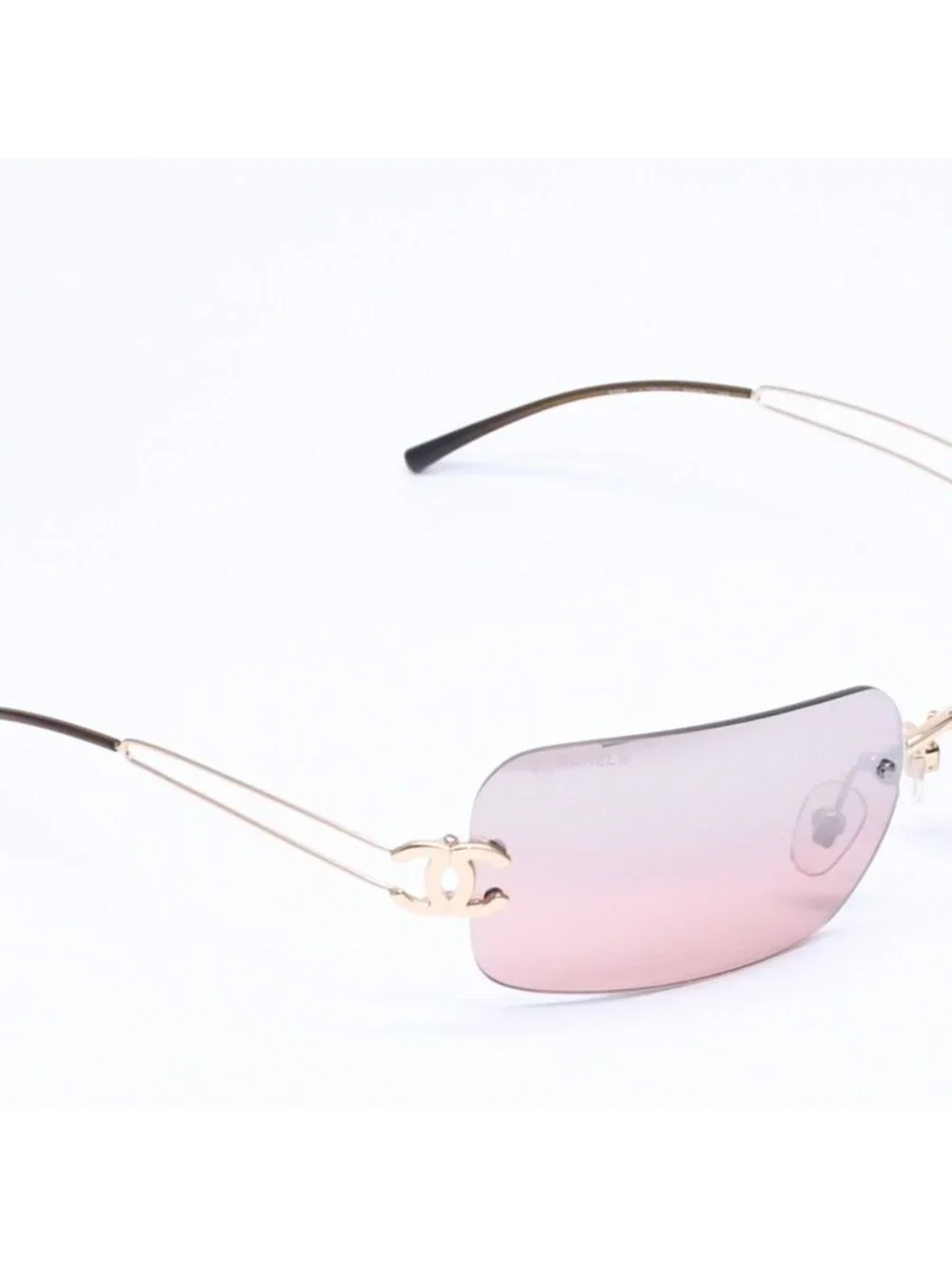 Chanel Rimless Sunglasses Eyewear CC Logo Brown Gold